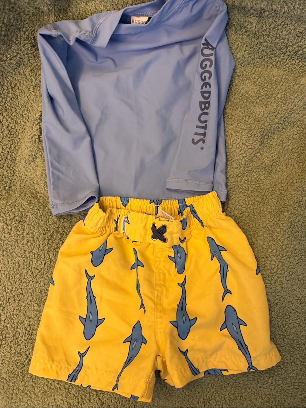 Rugged Butts Blue Rash Guard & Yellow Shark Print Swim Shorts Set